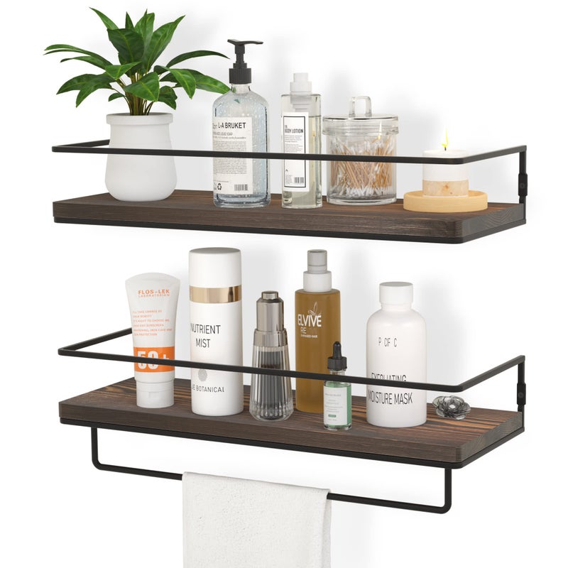 ZGO Floating Shelves for Wall Set of 2 Wall Mounted Storage Shelves with Black Metal Frame and Towel Rack for Bathroom Bedroom Living Room Kitchen Office Black