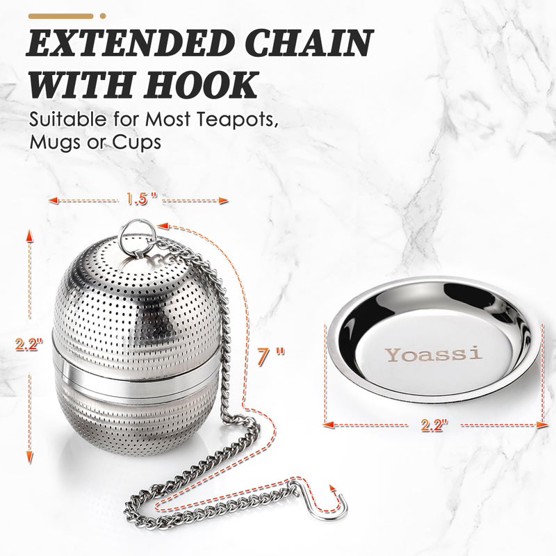 Yoassi 2 Pack Tea Infusers for Loose Tea, Extra Fine Mesh 18/8 Stainless Steel Tea Strainers, Loose Leaf Tea Steeper Tea Ball Tea Diffuser Tea Holder with Extended Chain Hook and Drip Tray - Image 2