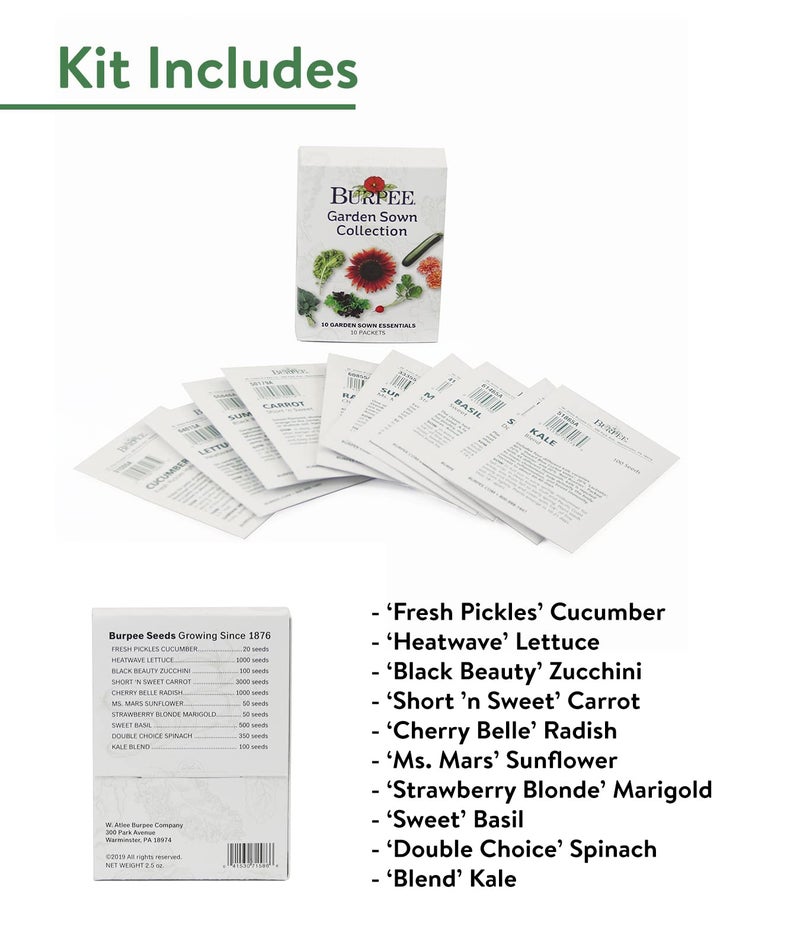 Burpee Garden Sown Flower, Herb & Vegetable 10 Packs of Non-GMO Basil, Lettuce, Cucumber, Radish, Spinach, Kale, Zucchini, Sunflower & Marigold, Seeds for Planting - Image 3