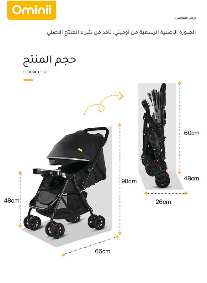 Ominii - Lightweight Baby Stroller With One-click Folding, Two-way,  oversized canopy, removable tray, and insect protection net, suitable for infants from 0 to 3 years old - Black - Image 1