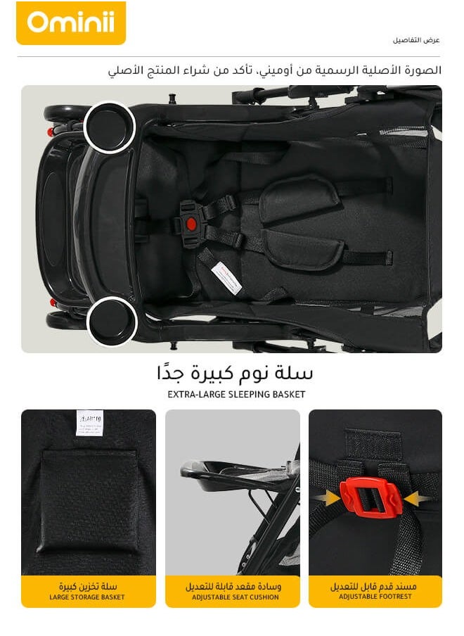 Ominii - Lightweight Baby Stroller With One-click Folding, Two-way,  oversized canopy, removable tray, and insect protection net, suitable for infants from 0 to 3 years old - Black - Image 1