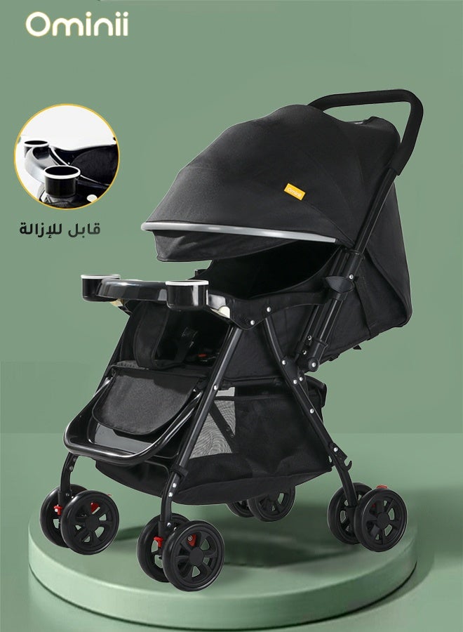 أوميني عربة أطفال خفيفة الوزن قابلة للطي بضغطة زر، ثنائية الاتجاه، مزودة بمظلة كبيرة، وصينية قابلة للإزالة، وشبكة حماية من الحشرات، مناسبة للأطفال من عمر 0-3 سنوات - باللون الأسود - Image 1