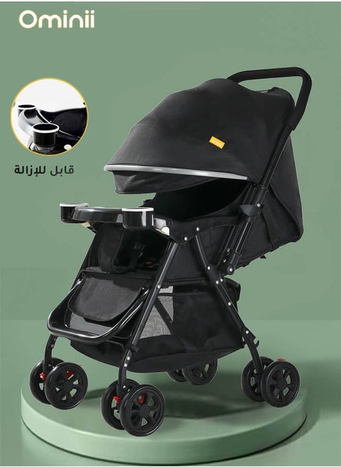 Lightweight Baby Stroller With One-click Folding, Two-way,  oversized canopy, removable tray, and insect protection net, suitable for infants from 0 to 3 years old - Black
