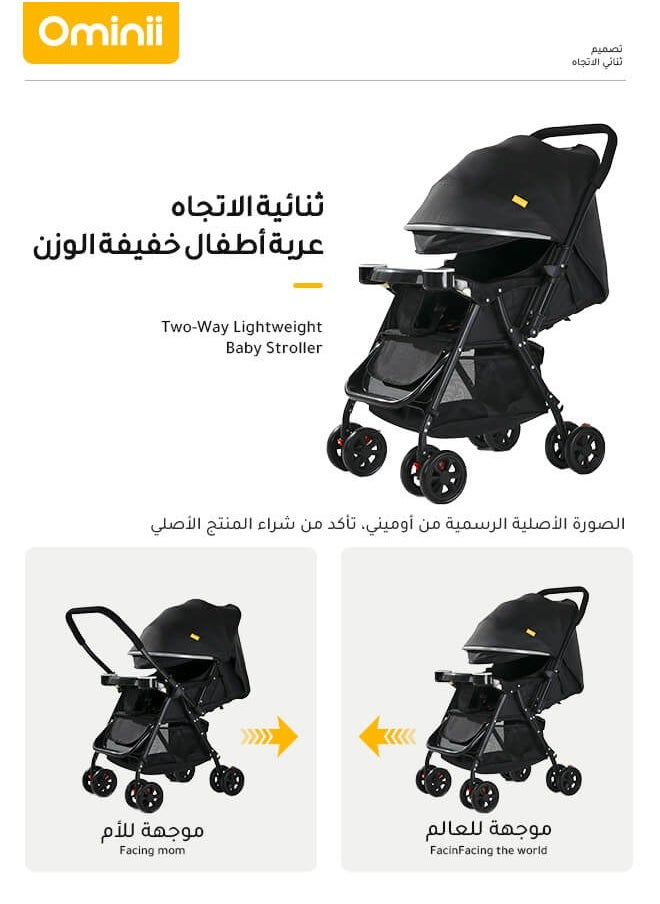 Ominii - Lightweight Baby Stroller With One-click Folding, Two-way,  oversized canopy, removable tray, and insect protection net, suitable for infants from 0 to 3 years old - Black - Image 1