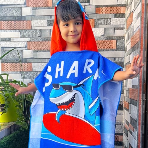Famyo® Dark Blue Shark Dive Poncho Towel for Kids | Hooded Bath Towels | 60 x 60cm Toddler Pool Towel for Boys & Girls, 1-7 Years | Cute & Cozy Bath/Beach Towel - Image 1