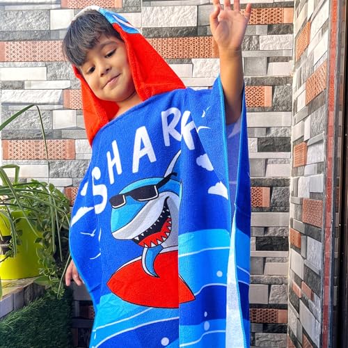 Famyo® Dark Blue Shark Dive Poncho Towel for Kids | Hooded Bath Towels | 60 x 60cm Toddler Pool Towel for Boys & Girls, 1-7 Years | Cute & Cozy Bath/Beach Towel - Image 2