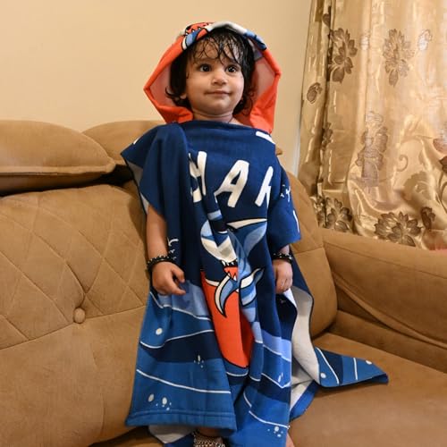 Famyo® Dark Blue Shark Dive Poncho Towel for Kids | Hooded Bath Towels | 60 x 60cm Toddler Pool Towel for Boys & Girls, 1-7 Years | Cute & Cozy Bath/Beach Towel - Image 5