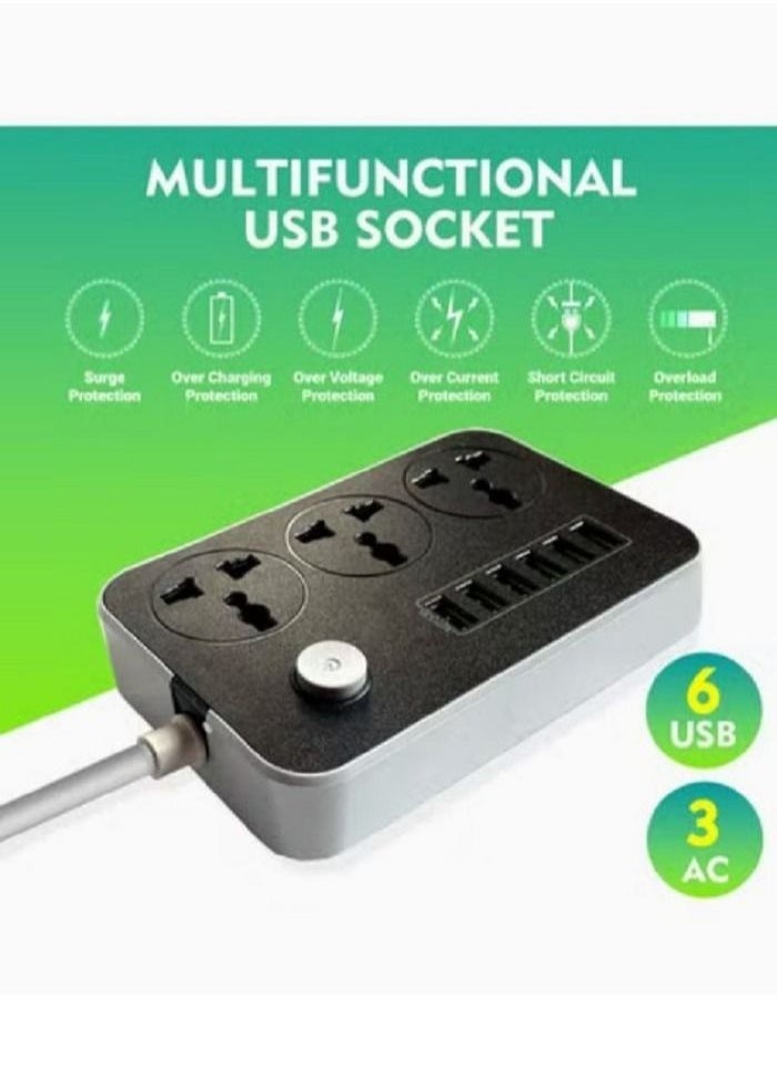 ماركة غير محددة - سلك تمديد أسلاك الكهرباء SKY-TOUCH 3 منافذ ، مقبس طاقة مع 6 منافذ USB مقبس شحن عالمي مع سلك تمديد جريء 2M - Image 1