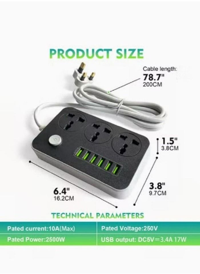 ماركة غير محددة - سلك تمديد أسلاك الكهرباء SKY-TOUCH 3 منافذ ، مقبس طاقة مع 6 منافذ USB مقبس شحن عالمي مع سلك تمديد جريء 2M - Image 1