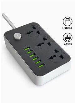 سلك تمديد أسلاك الكهرباء SKY-TOUCH 3 منافذ ، مقبس طاقة مع 6 منافذ USB مقبس شحن عالمي مع سلك تمديد جريء 2M