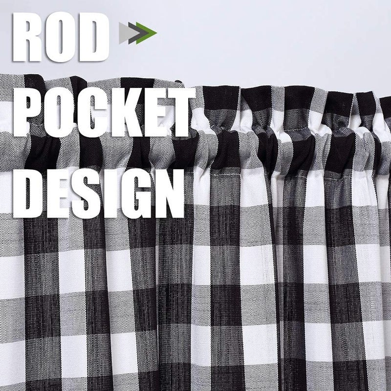 Amzdecor Black White Buffalo Plaid Valance Linen Sheer Cafe Curtain Buffalo Check Plaid Rod Pocket Rustic Kitchen Window Treatment for Living Room Bedroom 1 Panel  55''x15''  Black and White - Image 2