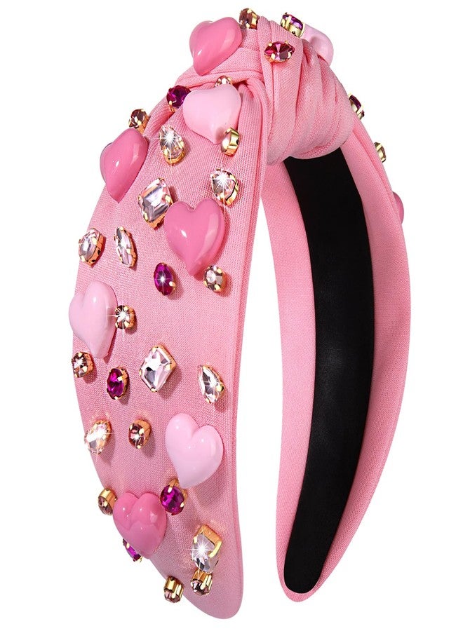 YAHPERN Valentine’s Day Headband for Women Red Pink Heart Knotted Headband Jeweled Rhinestone Crystal Wide Top Knot Hairband Valentine’s Day Hair Accessories Holiday Gifts (Pink Heart) - Image 1