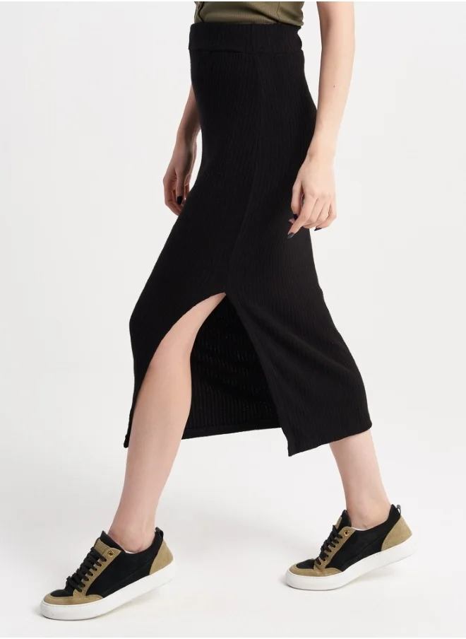 HaILYS Olive Buttoned Top with Black Ribbed Skirt