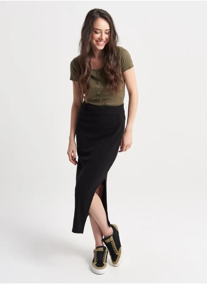 HaILYS Olive Buttoned Top with Black Ribbed Skirt