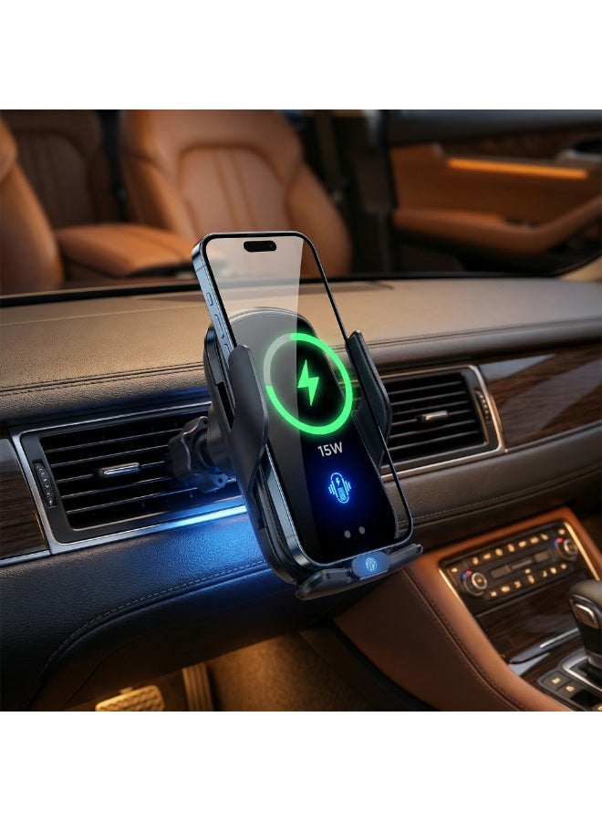 15W Wireless Car Charger Mount, Auto-Clamp Phone Holder with 3 Magnetic Tips (Type-C, Lightning, Micro-USB), 360° Vent Mount - Image 2