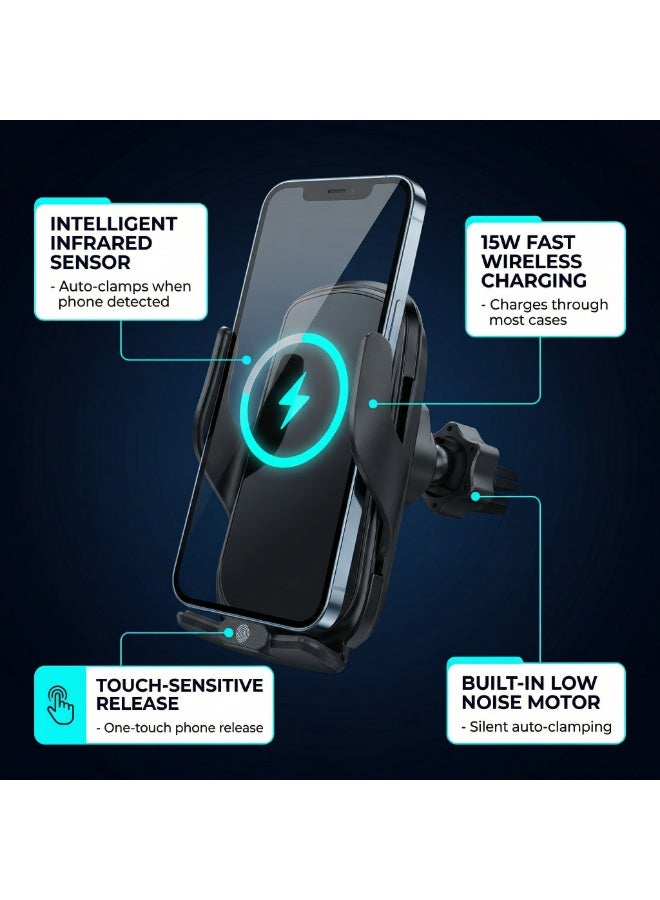 15W Wireless Car Charger Mount, Auto-Clamp Phone Holder with 3 Magnetic Tips (Type-C, Lightning, Micro-USB), 360° Vent Mount - Image 3