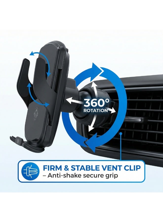 15W Wireless Car Charger Mount, Auto-Clamp Phone Holder with 3 Magnetic Tips (Type-C, Lightning, Micro-USB), 360° Vent Mount - Image 4