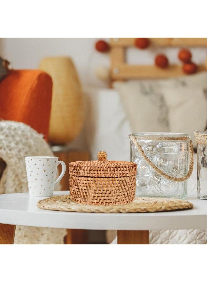 ULTNICE Round Rattan Storage Box Hand Woven Rattan Box Desktop Woven Box Round Rattan Box Rattan Decorative Baskets Small Round Woven Basket with Lid - Image 3