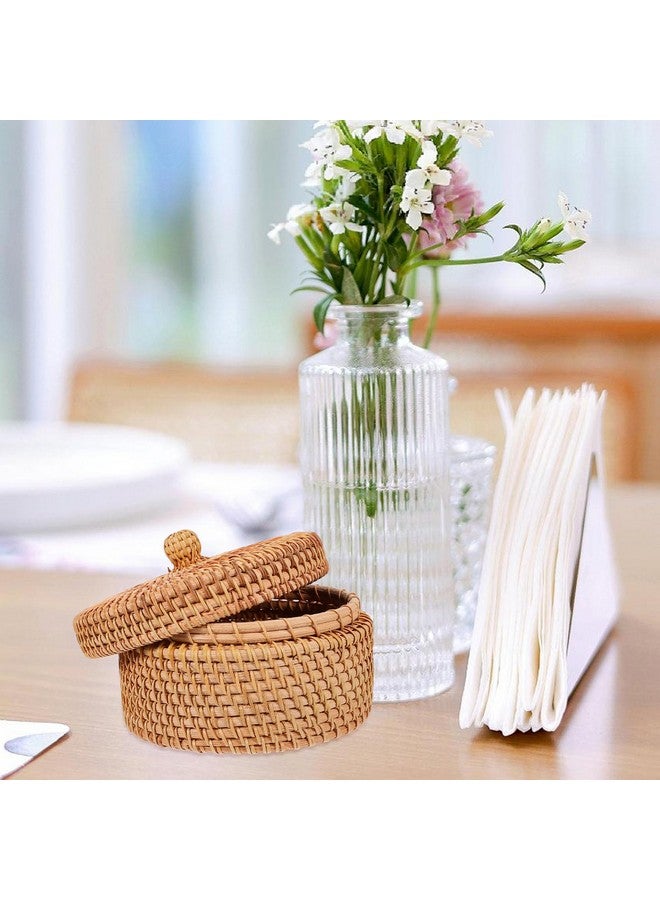 ULTNICE Round Rattan Storage Box Hand Woven Rattan Box Desktop Woven Box Round Rattan Box Rattan Decorative Baskets Small Round Woven Basket with Lid - Image 2