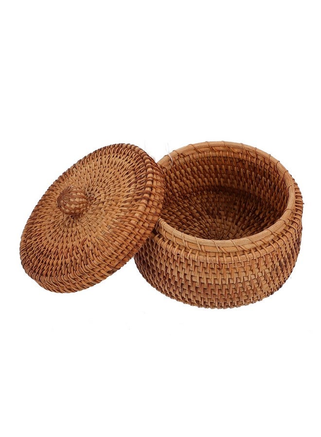 ULTNICE Round Rattan Storage Box Hand Woven Rattan Box Desktop Woven Box Round Rattan Box Rattan Decorative Baskets Small Round Woven Basket with Lid - Image 1