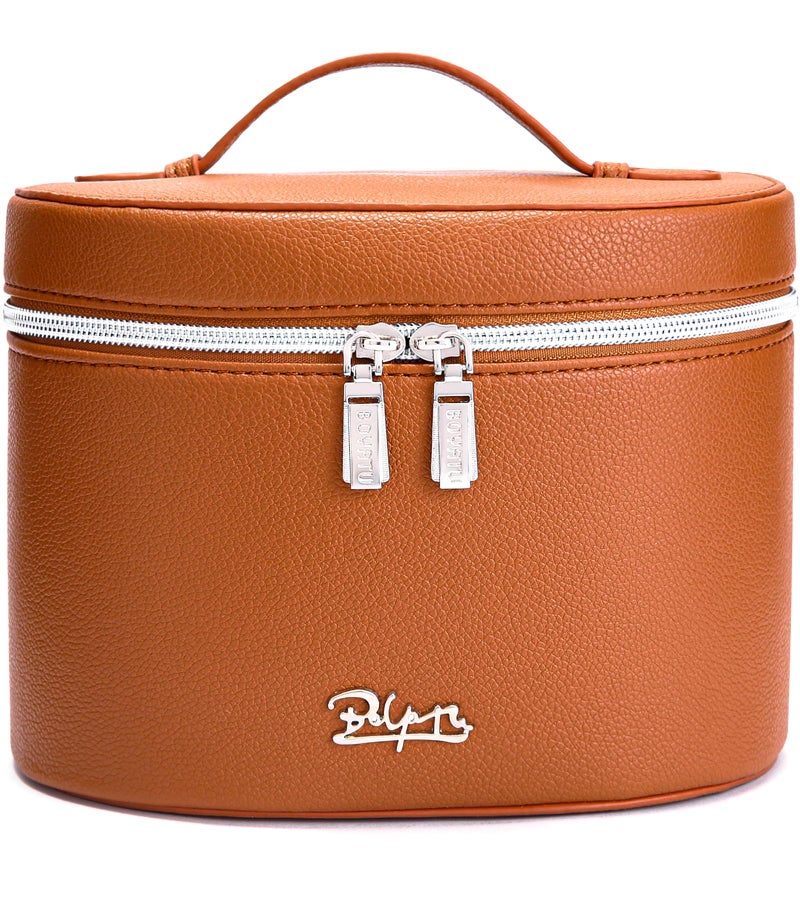 BOYATU Waterproof Leather Makeup Bag: Large Capacity Cosmetic Bags with Compartment Fit 8 100ml Full-sized Skincare Bottles- Cute Wide Open Travel Make up Vanity Case for Women (Brown) - Image 1