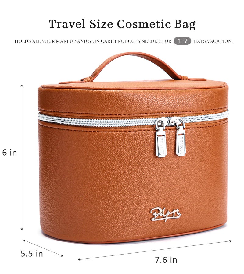 BOYATU Waterproof Leather Makeup Bag: Large Capacity Cosmetic Bags with Compartment Fit 8 100ml Full-sized Skincare Bottles- Cute Wide Open Travel Make up Vanity Case for Women (Brown) - Image 2
