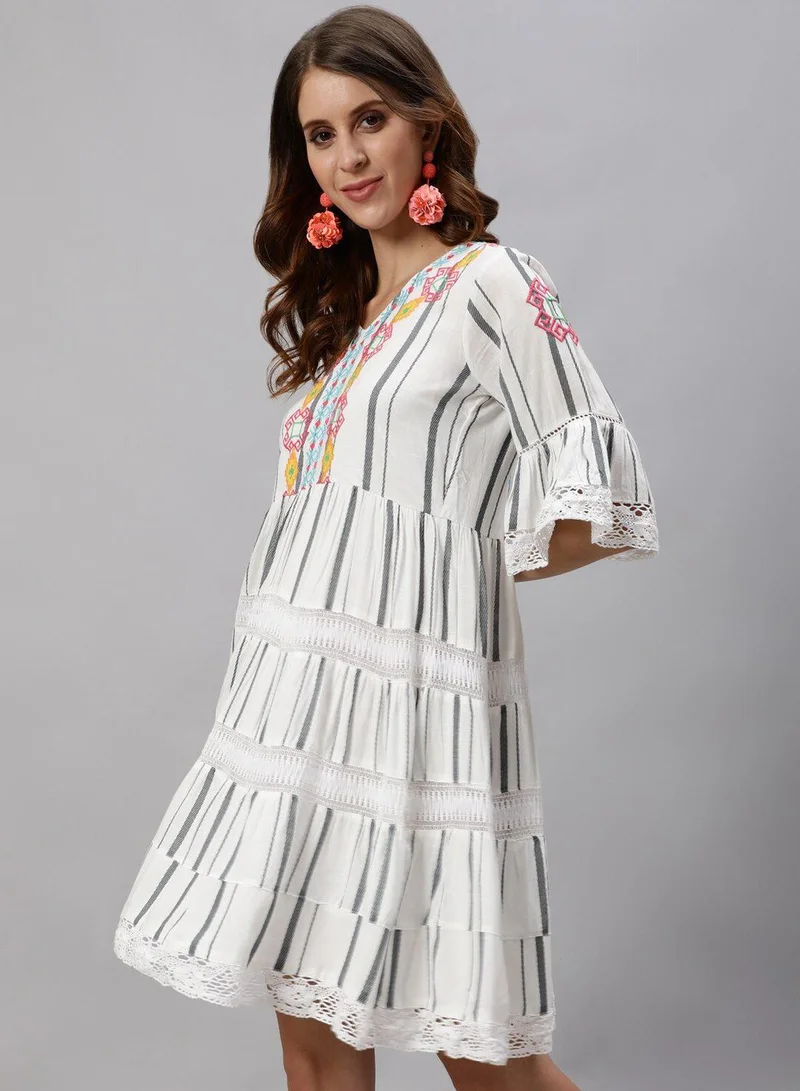 ISHIN Women's White Rayon Embroidered Regular Fit Dress