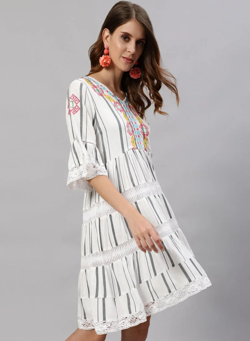 ISHIN Women's White Rayon Embroidered Regular Fit Dress