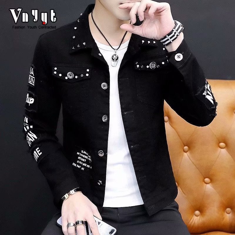 Denim jacket jacket mens spring and autumn fashion brand student handsome loose all-match workwear denim coat top clothes fashion B001 Black B001 Black