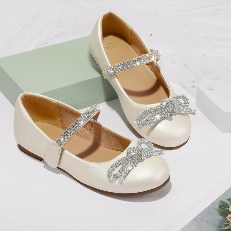 K KomForme Girl's Bow Mary Jane Dress Shoes Ballet Princess Flats with Rhinestone Strap for Party Wedding School, Toddler/Little Kid/Big Kid Ivory - Image 3