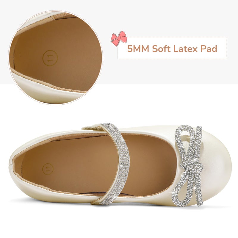 K KomForme Girl's Bow Mary Jane Dress Shoes Ballet Princess Flats with Rhinestone Strap for Party Wedding School, Toddler/Little Kid/Big Kid Ivory - Image 5