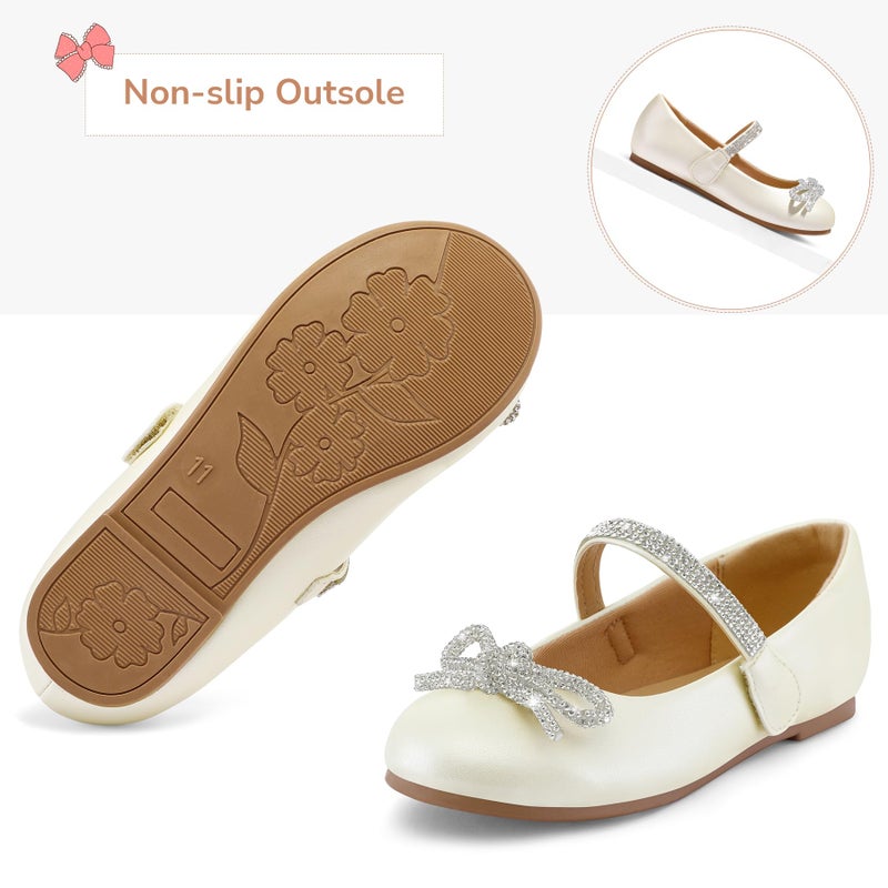 K KomForme Girl's Bow Mary Jane Dress Shoes Ballet Princess Flats with Rhinestone Strap for Party Wedding School, Toddler/Little Kid/Big Kid Ivory - Image 4