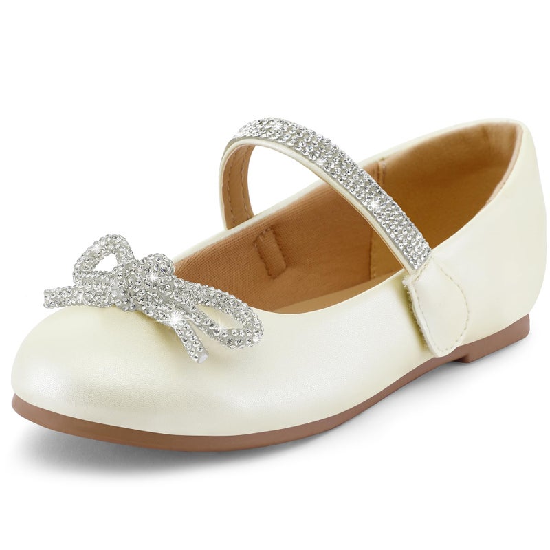 K KomForme Girl's Bow Mary Jane Dress Shoes Ballet Princess Flats with Rhinestone Strap for Party Wedding School, Toddler/Little Kid/Big Kid Ivory - Image 1