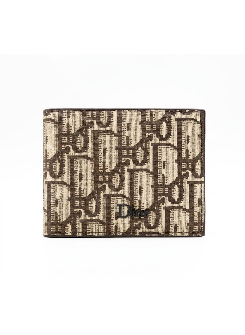 Dior Beige Brown Monogram Canvas Bifold Wallet with Silver Logo – Premium Men's Bi-Fold Wallet