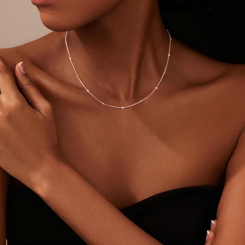 Carffordo 925 Sterling Silver Necklace Silver Chain Necklace for Women Satellite Chain 16 Inches Simple Dainty Necklace for Women Waterproof Trendy Jewelry Gift - Image 2
