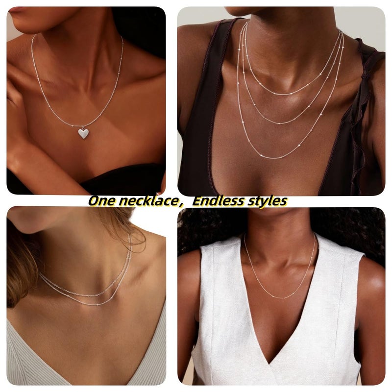 Carffordo 925 Sterling Silver Necklace Silver Chain Necklace for Women Satellite Chain 16 Inches Simple Dainty Necklace for Women Waterproof Trendy Jewelry Gift - Image 3