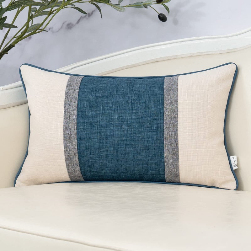 Yangest Patchwork Pillow Cover 12x20 Inch Luxury Cotton and Linen Cushion Cover Rectangle Pillowcover for Couch Bedroom Living RoomBlue