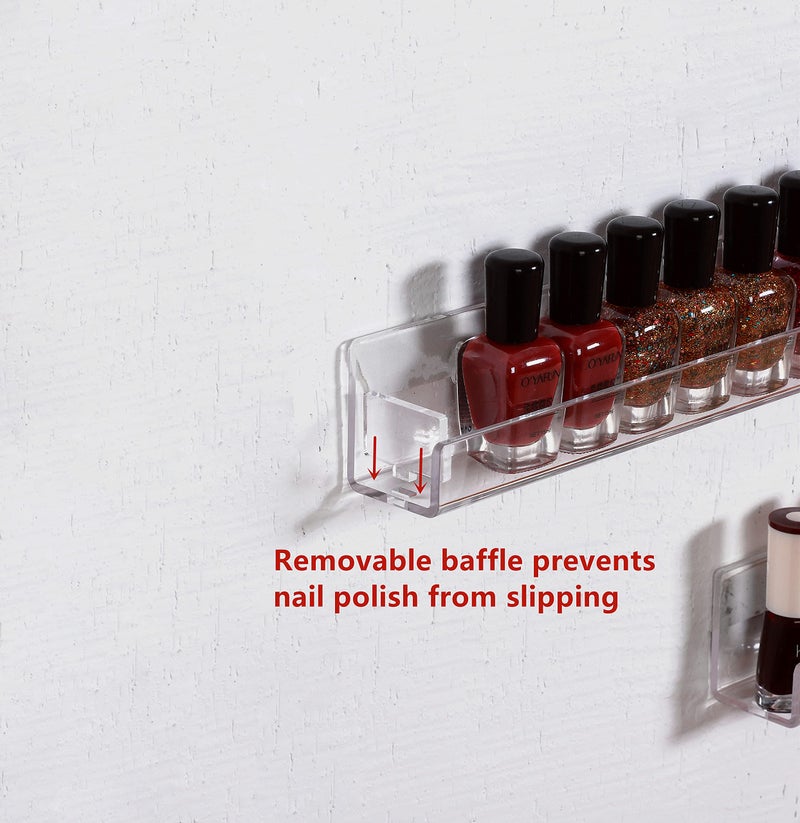 Likeu Nail Polish Rack Wall Mounted Shelf 2 Pack Clear Acrylic Nail Polish Holder Organizer With Removable Anti-Slip End Inserts 2 Tiers Floating Polish Organizer Display 30 Bottles - Image 4