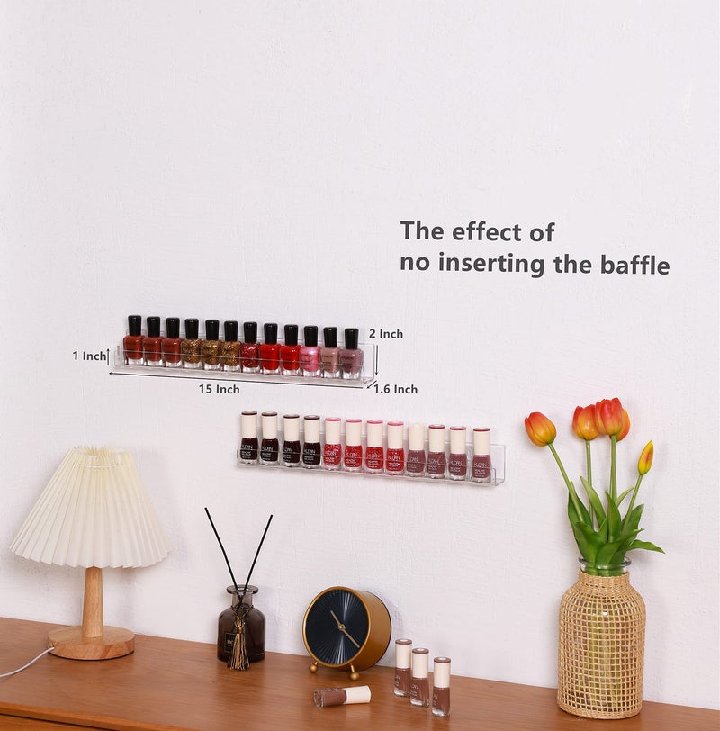 Likeu Nail Polish Rack Wall Mounted Shelf 2 Pack Clear Acrylic Nail Polish Holder Organizer With Removable Anti-Slip End Inserts 2 Tiers Floating Polish Organizer Display 30 Bottles - Image 3