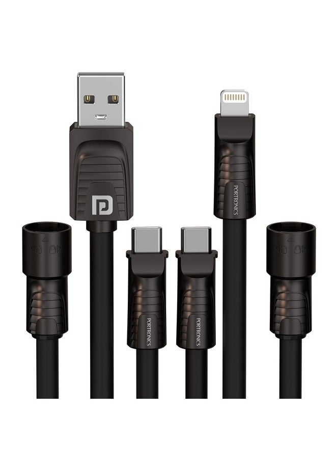 Portronics - Portronics Konnect Tetra 60W 4 in 1 Multi Functional Fast Charging PD Cable with 1.4M Length, 480Mbps Data Sync, Compatible with All Type C Android Smartphone & Lightning Device(Black) - Image 1