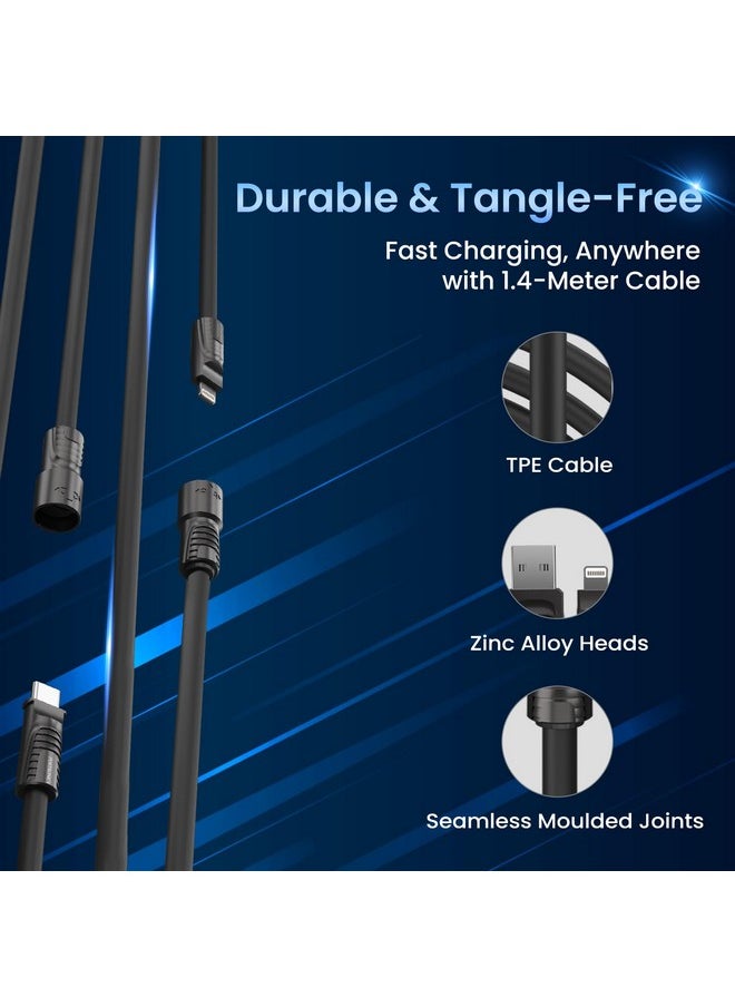 Portronics - Portronics Konnect Tetra 60W 4 in 1 Multi Functional Fast Charging PD Cable with 1.4M Length, 480Mbps Data Sync, Compatible with All Type C Android Smartphone & Lightning Device(Black) - Image 1