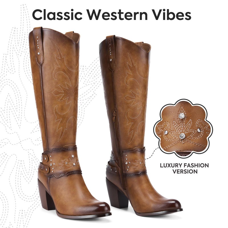 Rollda Cowboy Boots for Women, Cowgirl Boots Knee High, Ladies Tall Western Boots Rounded Toe Chunky Heel Pull on Zipper for Country Concert Party Women Boots Camel Size 7 - Image 5