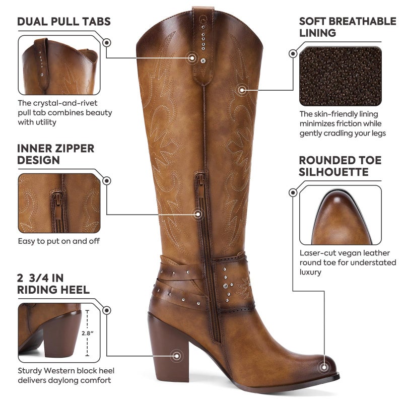 Rollda Cowboy Boots for Women, Cowgirl Boots Knee High, Ladies Tall Western Boots Rounded Toe Chunky Heel Pull on Zipper for Country Concert Party Women Boots Camel Size 7 - Image 4
