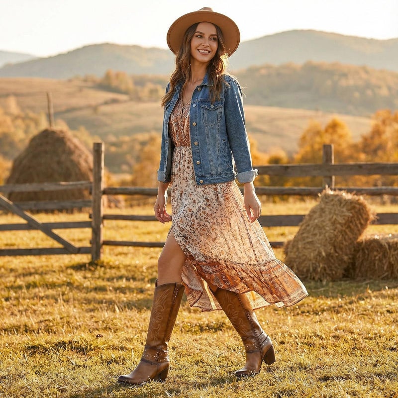 Rollda Cowboy Boots for Women, Cowgirl Boots Knee High, Ladies Tall Western Boots Rounded Toe Chunky Heel Pull on Zipper for Country Concert Party Women Boots Camel Size 7 - Image 2
