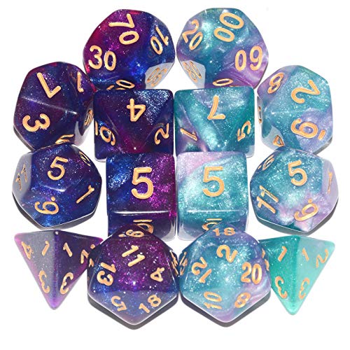 Anduin Wind DND Dice 2 X 7Sets 14Pieces Glitter Sparkle Cosmic Mixed Polyhedral DND Dice for RPG MTG Table Game Dice - Image 1