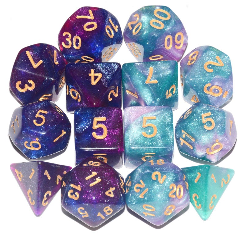 Anduin Wind DND Dice 2 X 7Sets 14Pieces Glitter Sparkle Cosmic Mixed Polyhedral DND Dice for RPG MTG Table Game Dice - Image 4