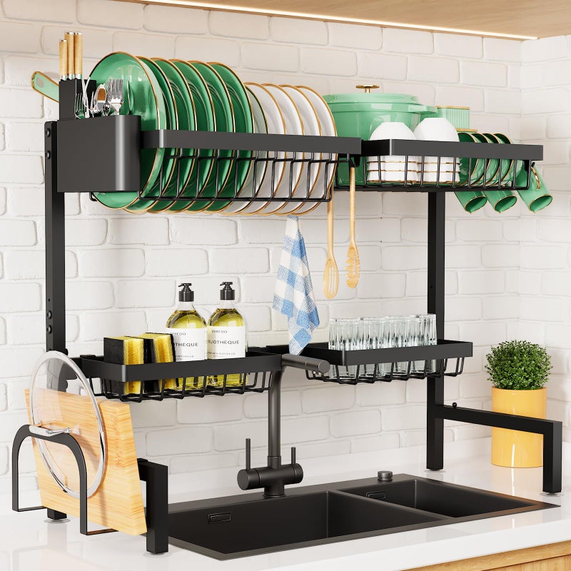 Kitsure Over The Sink Dish Drying Rack  300 to 339x215 Adjustable Sink Drying Rack for Kitchen Sink with Multifunctional Baskets Grey