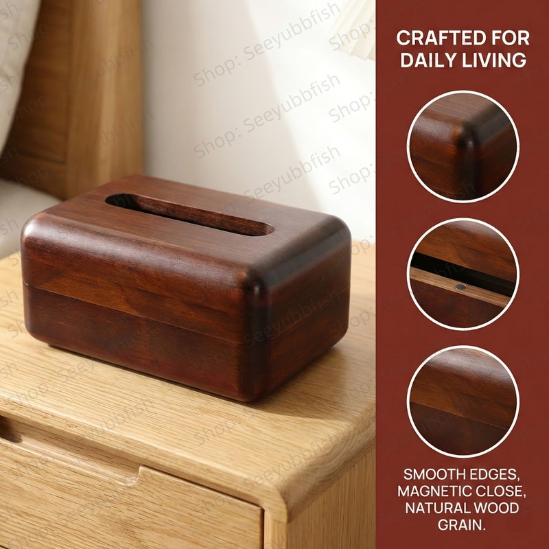 2026 New Model Walnut Color Natural Solid Wood Tissue Box Large Capacity Compatible With Tissue And Roll Paper Smooth Box Design Prevents Cuts - Image 5