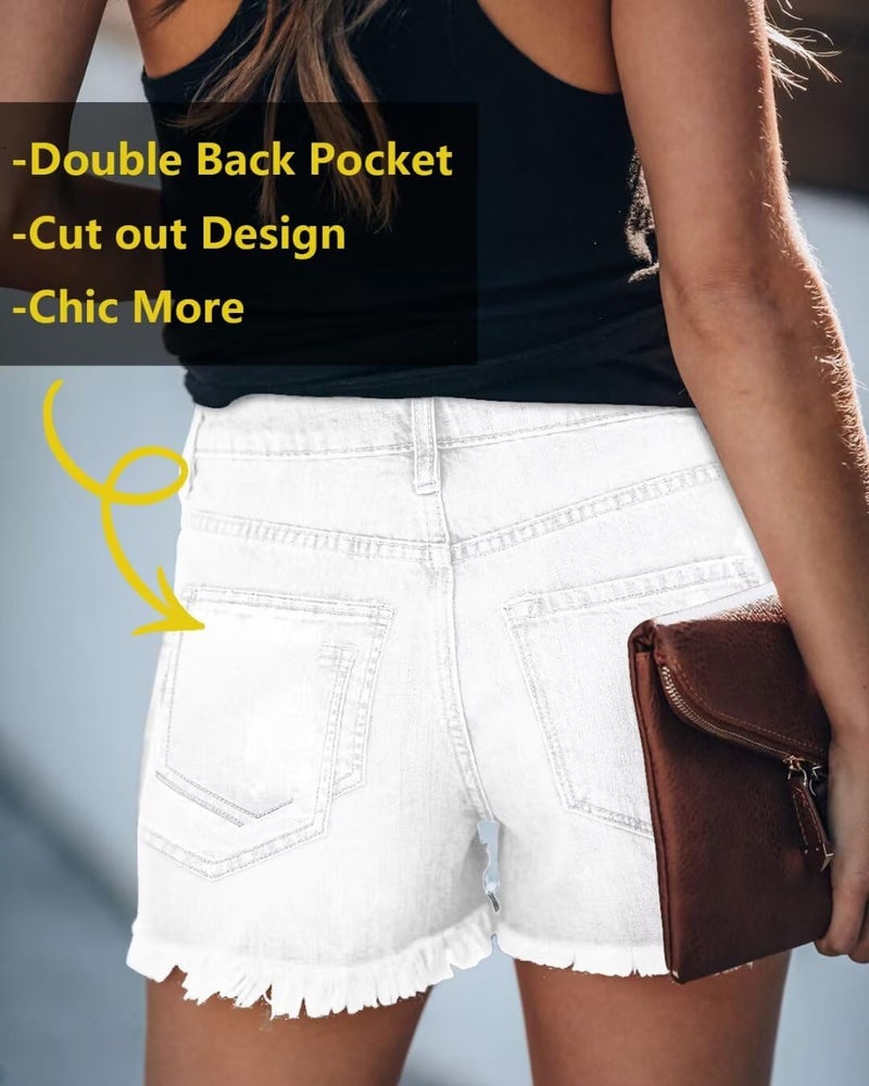 ZOLUCKY Women Sexy Denim Shorts Summer Stretchy Mid Waist Frayed Raw Hemwhite Jean Shorts White M - Image 3