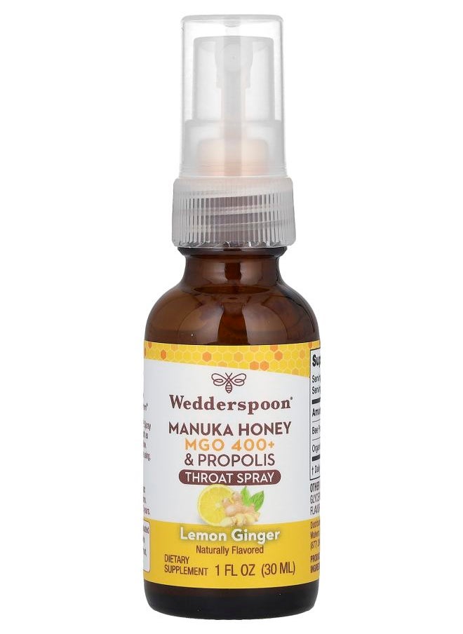 Wedderspoon Manuka Honey & Propolis Throat Spray Lemon Ginger MGO 400+ 1 fl oz (30 ml) 
